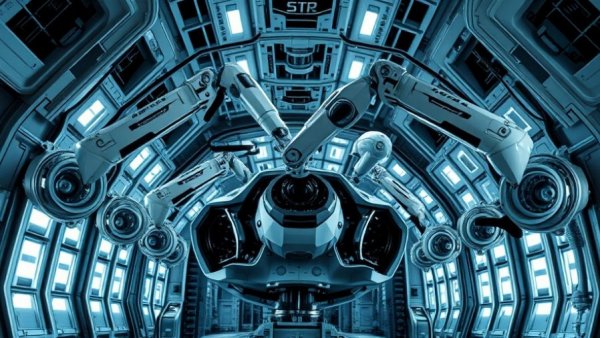 Advanced robotic arms servicing geostationary satellite in metallic facility.