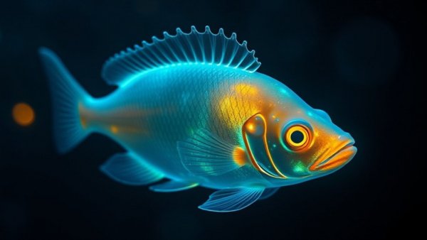 Ethereal bioluminescent fish illuminating dark ocean depths.