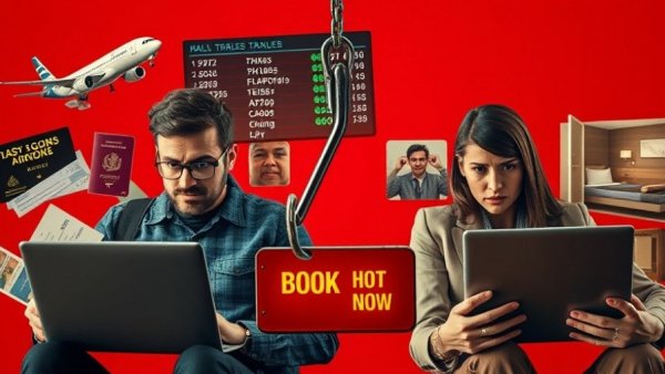 Reservation hijack scam concept with travel imagery and phishing hook.