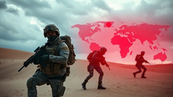 Vivid red-highlighted soldiers with pinpoint map in a desert setting.