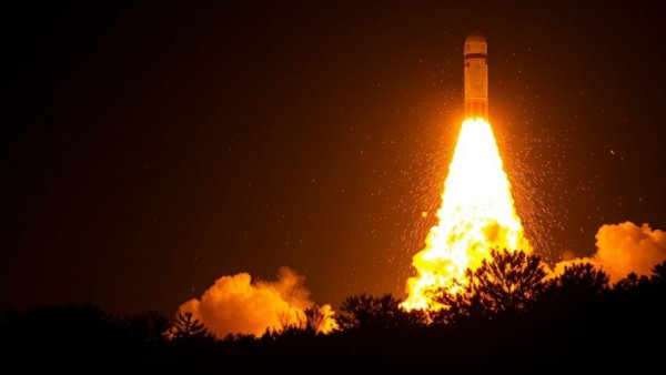 Blue Origin rocket explosion captured with fiery colors in the night sky.