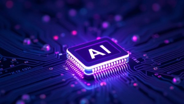 LLM validation concept with glowing AI microchip on circuit board.