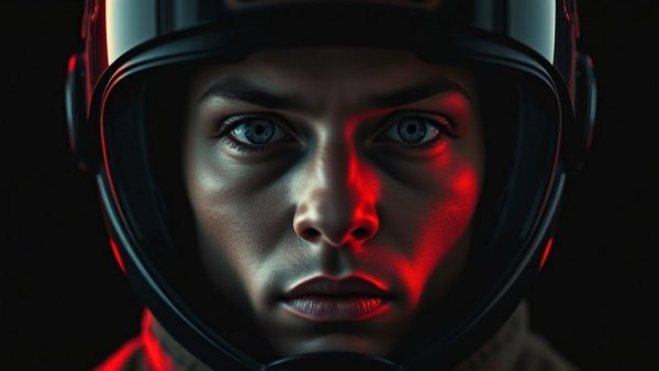 Dark stylized portrait with futuristic helmet in cinematic style.