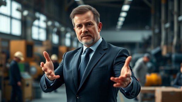 Mature business professional presenting in an industrial setting.