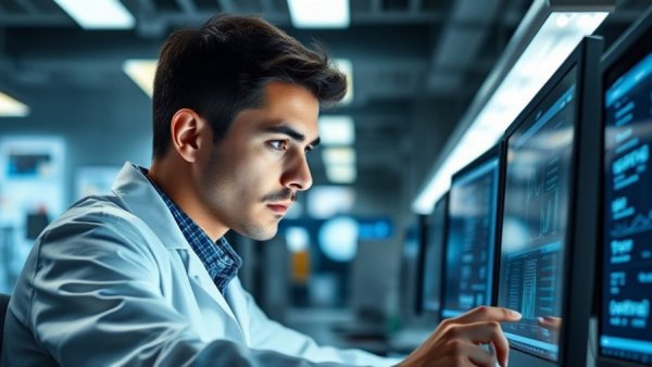 Young researcher analyzing data on computer in laboratory, focused on AI-generated battery electrolytes.