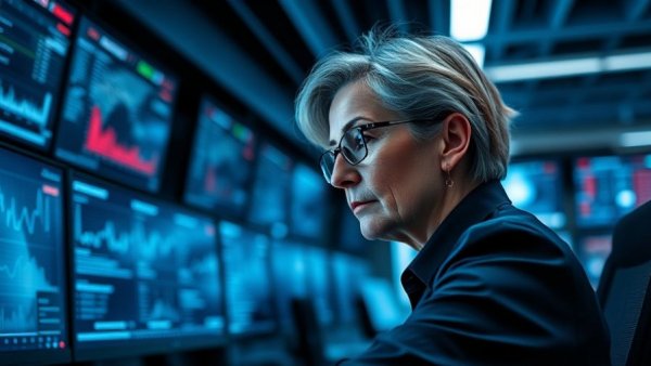 Focused woman analyzing data in a high-tech control room.