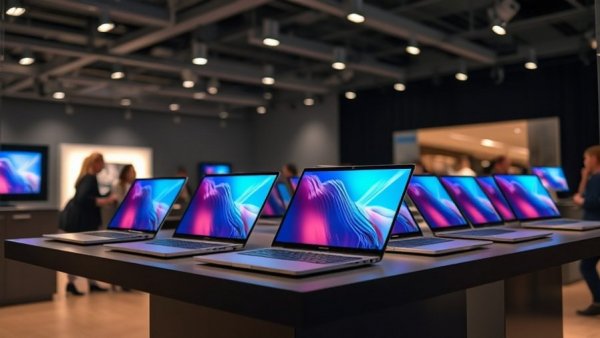 Sleek laptops on display with people photographing, Qualcomm Snapdragon C vs. MacBook Neo focus.