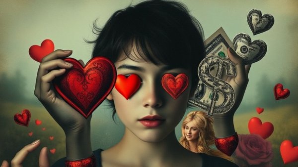 Symbolic representation of romance scams with heart traps and dollar signs