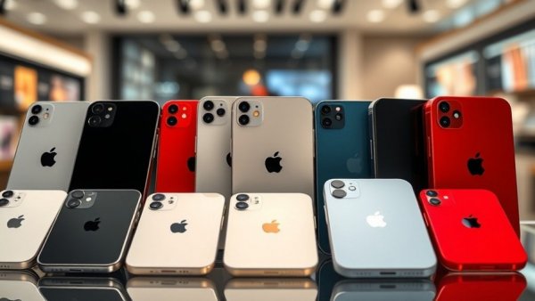 Display of iPhones in various colors showcasing design in a store.