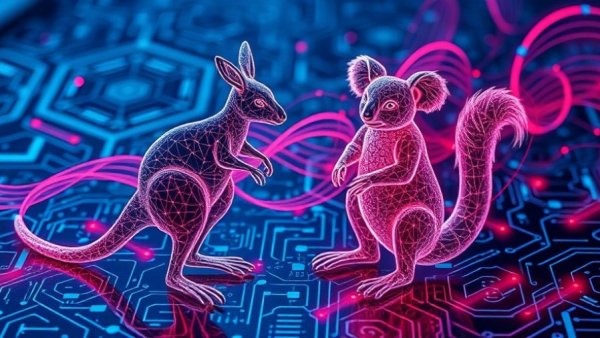 Futuristic quantum entanglement illustration with holograms.