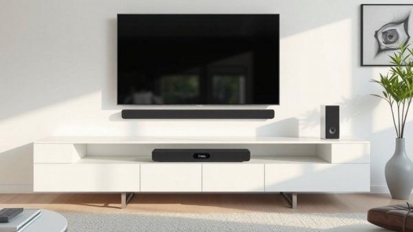 WiiM Bar Dolby Atmos Soundbar setup under TV in modern living room.