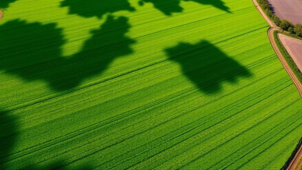 Aerial view of farmland with distinct crop patterns highlighting AI in agriculture.