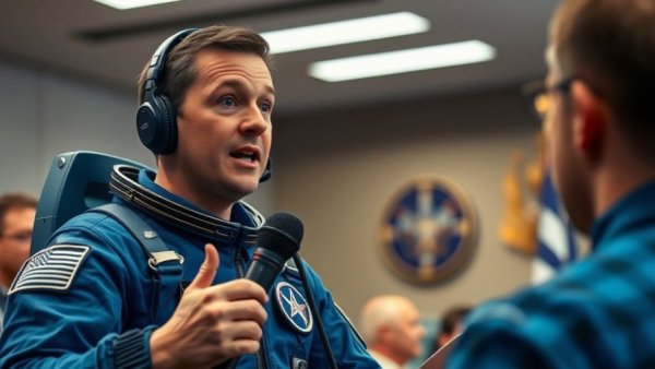 Astronaut speaking at commercial space stations event.
