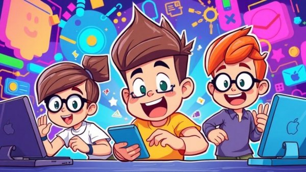 Cartoon characters celebrating Apple App Store record sales.