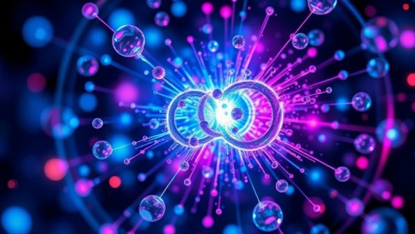 Artistic depiction of quantum computing with colorful particles.