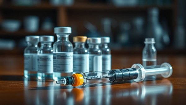 Medical vials and syringe on wooden surface, Crypto-Funded Chinese Peptide Labs.