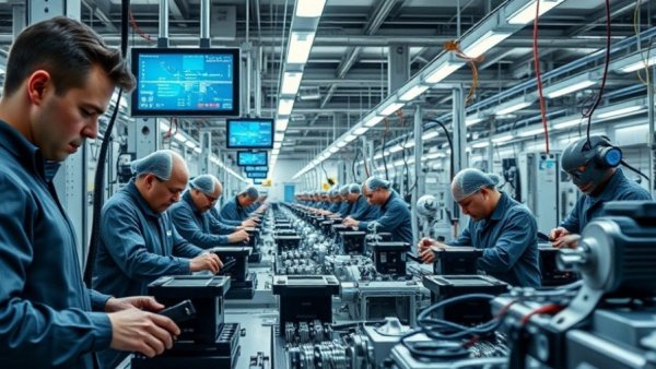 China humanoid robots manufacturing in high-tech factory with workers.