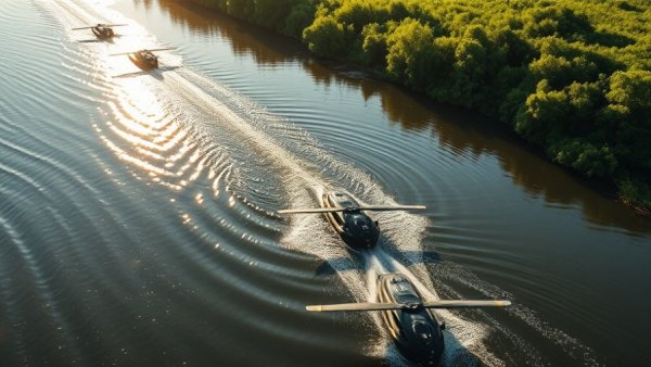 Drone boats patrol sunlit river with ripples along southern border.
