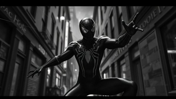 Black-and-white Spider-Noir character in action, cinematic noir scene.