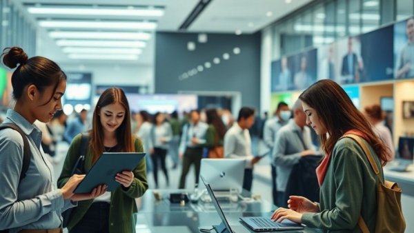 Modern consumer technology store with laptops and people engaging