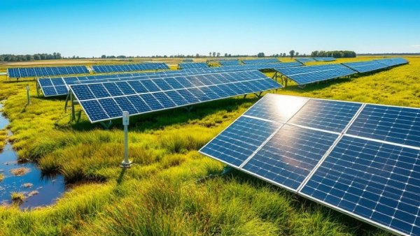 Solar panels on rewetted peatland under a clear blue sky.