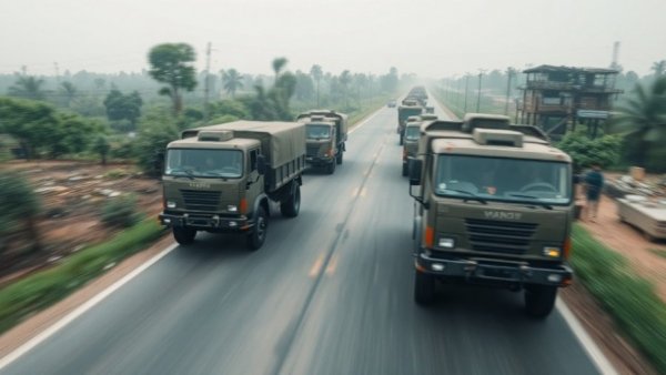 Blurry aerial view of trucks on rural roads.