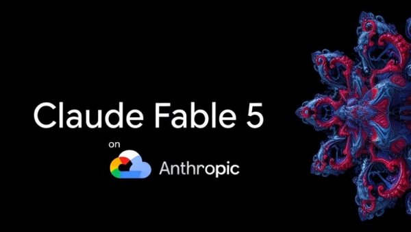 Claude Fable 5 on Google Cloud digital announcement with logos and fractal design.