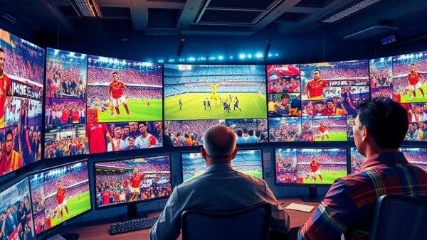 Colorful digital collage of World Cup fan scenes monitored on multiple screens.