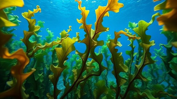 Underwater view of giant kelp forest swaying.