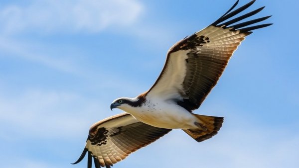 Osprey soaring in clear sky, wings spread wide.