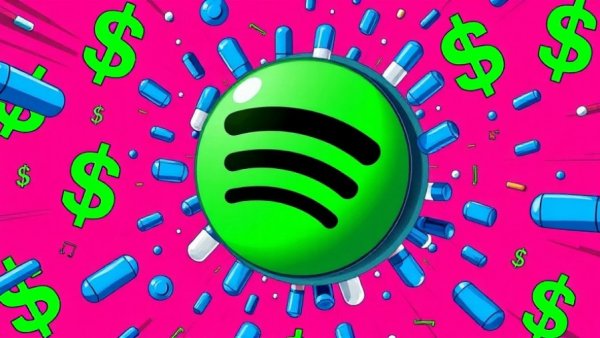 Pop art-style illustration symbolizing Spotify fake podcasts and drug sales.