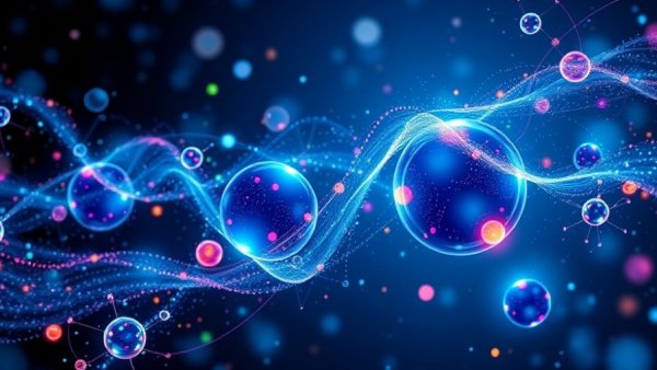 Quantum computing illustration with entangled spheres and cosmic background.