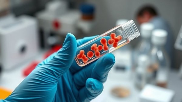 Gloved hand holding test tube of lab-grown canine muscle cells in lab.
