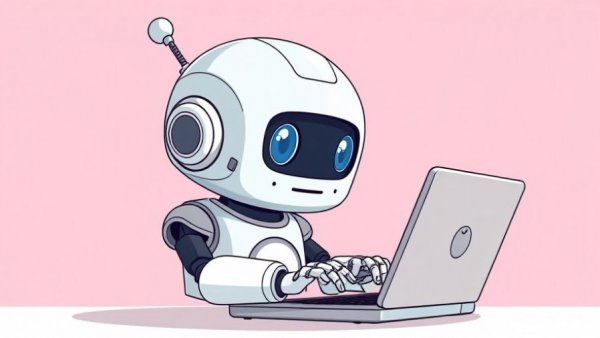 Cartoon robot typing on laptop, illustrating chatbot errors.