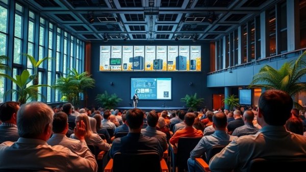 Audience watches tech presentation on iPhone 18 Pro with price info.