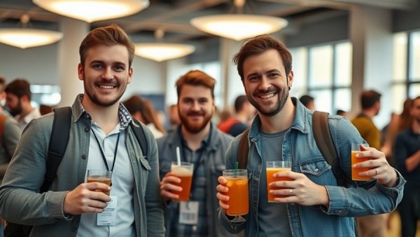 Two men at an event, smiling and holding beverages.