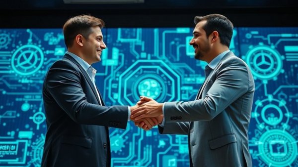 Professionals handshake in front of digital screen, export controls on AI models