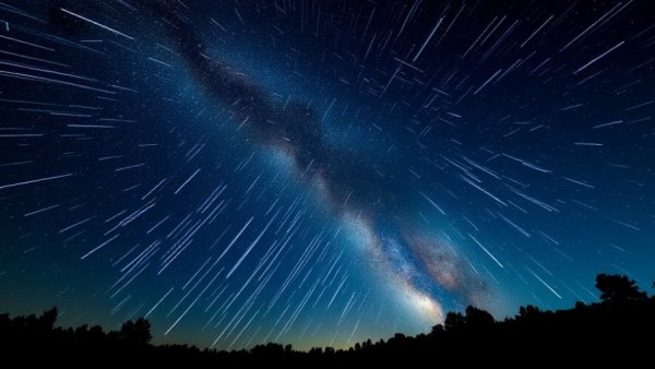 Starlink satellite trails in night sky among stars and Milky Way.