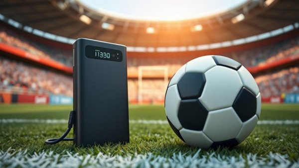 Football-shaped tracker with power bank on soccer field