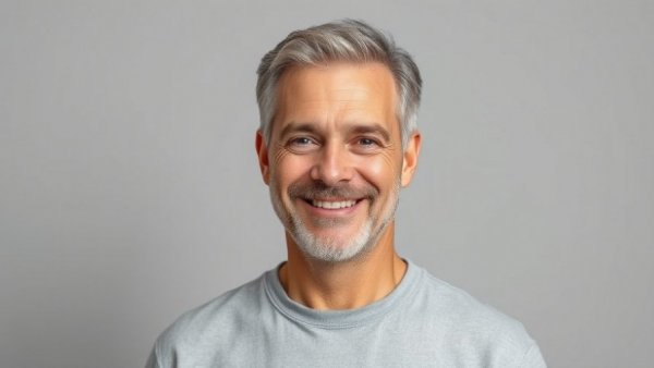 Friendly middle-aged man smiling in neutral background.