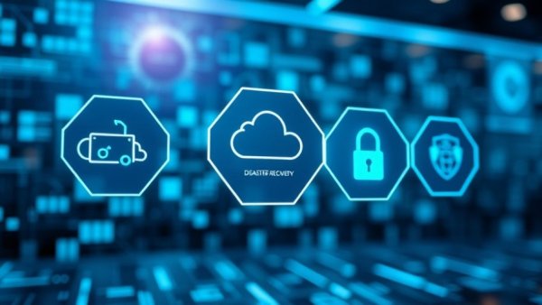 Digital interface with disaster recovery and security icons, emphasizing resilience.