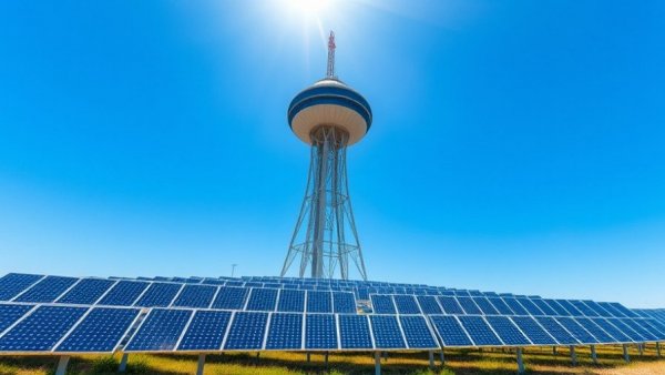 Solar tower plants with operational databases, clear sunny day.