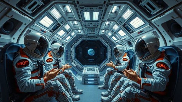 Teamwork in space missions training facility with capsule and mannequins.