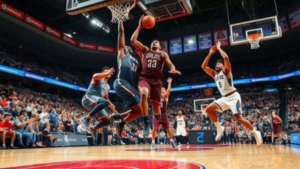 Basketball players mid-air during an intense game at an indoor arena.