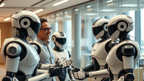 Humanoid robots in daily life with smiling individual.