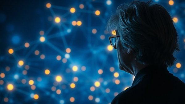 Mysterious figure observing quantum network in cosmic environment.