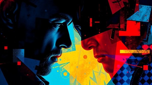 Abstract artwork showcasing dialog club rankings with vivid colors and geometric design.