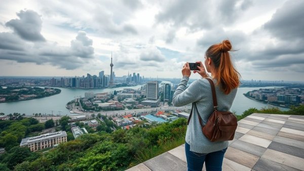 Cityscape with smoke cloud and woman photographing by river.
