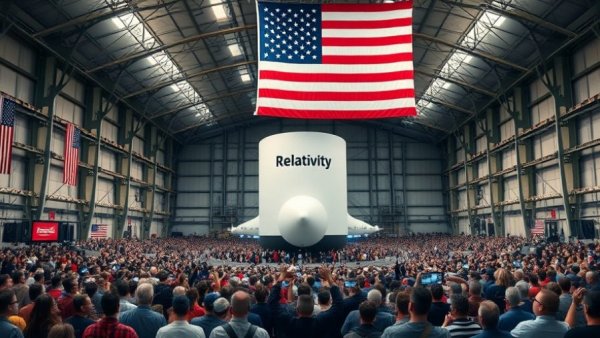 NASA Mars orbiter 2028 presentation in industrial hangar, large crowd.