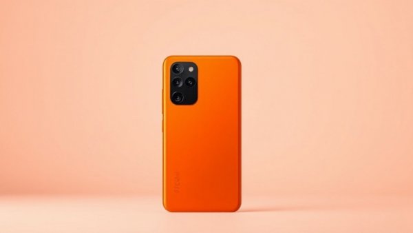 Sleek orange smartphone focused on rear camera, showcasing design.
